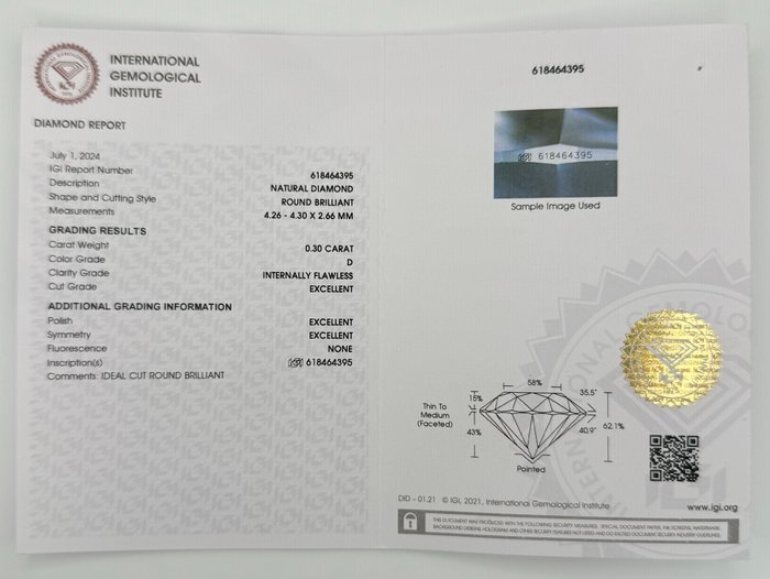 Ingen mindstepris - 1 pcs Diamant  (Natur)  - 030 ct - Rund - D (farveløs) - IF - International Gemological Institute (IGI) - *3EX* *IDEAL* *INGEN*