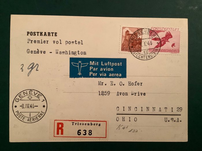 Liechtenstein 1946 - Første flyvning Genève - Washington - Michel