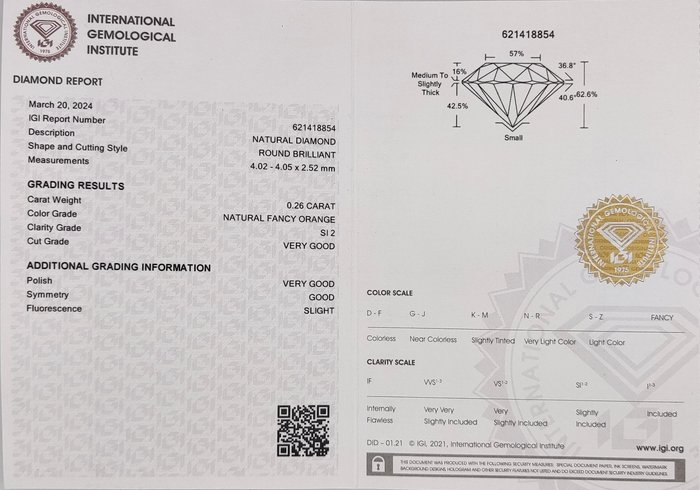 Ingen mindstepris - 1 pcs Diamant  (Naturfarvet)  - 0.26 ct - Rund - Fancy Orange - SI2 - International Gemological Institute (IGI)