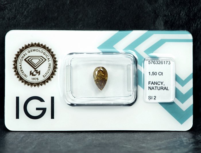 Ingen mindstepris - 1 pcs Diamant  (Naturfarvet)  - 1.50 ct - Pære - Fancy Brunlig Gul - SI2 - International Gemological Institute (IGI)