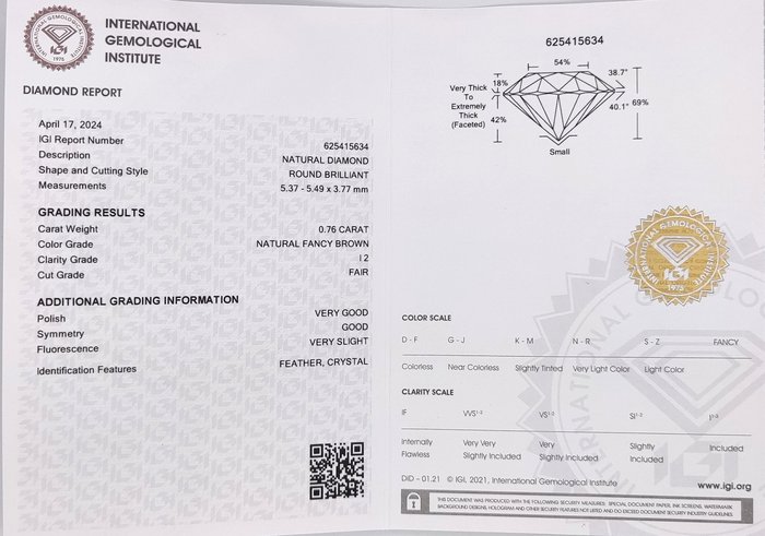 Ingen mindstepris - 1 pcs Diamant  (Naturfarvet)  - 0.76 ct - Rund - Fancy Brun - I2 - International Gemological Institute (IGI)