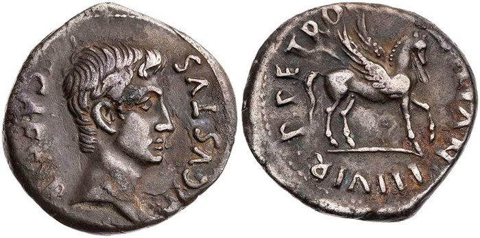 Romarriket. Augustus (27 BC-AD 14). Denarius Rare, R2 in RIC, R in Cohen