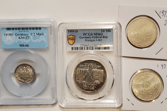 Tyskland. 10Mark(PCGS MS 63)  1995-D Federal + 1918 ACCA 1/2Mark+2×5 Kark(4coins)  (Ingen mindstepris)