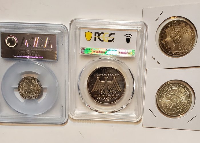 Tyskland. 10Mark(PCGS MS 63)  1995-D Federal + 1918 ACCA 1/2Mark+2×5 Kark(4coins)  (Ingen mindstepris)