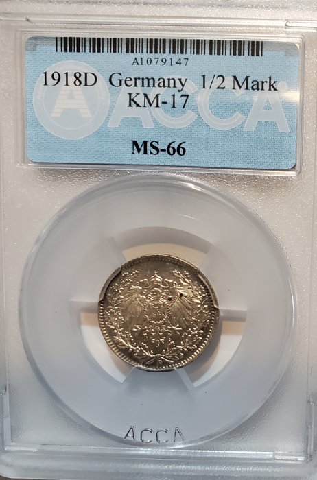 Tyskland. 10Mark(PCGS MS 63)  1995-D Federal + 1918 ACCA 1/2Mark+2×5 Kark(4coins)  (Ingen mindstepris)