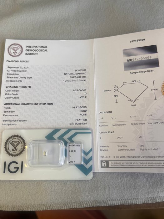 1 pcs Diamant  (Natur)  - 0.28 ct - Smaragd - G - VVS2 - Istituto Gemmologico Italiano (IGI)