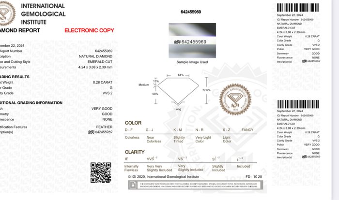 1 pcs Diamant  (Natur)  - 0.28 ct - Smaragd - G - VVS2 - Istituto Gemmologico Italiano (IGI)