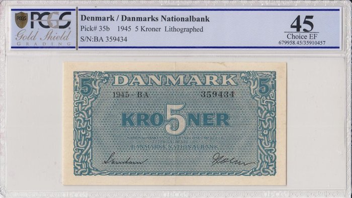 Danmark. - 5 Kroner - 1945 - Pick 35b  (Ingen mindstepris)