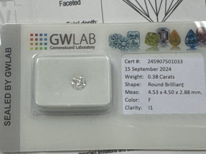 Ingen mindstepris - 1 pcs Diamant  (Natur)  - 0.38 ct - Rund - F - I1 - Gemewizard Gemological Laboratory (GWLab)