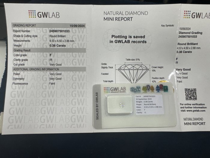 Ingen mindstepris - 1 pcs Diamant  (Natur)  - 0.38 ct - Rund - F - I1 - Gemewizard Gemological Laboratory (GWLab)