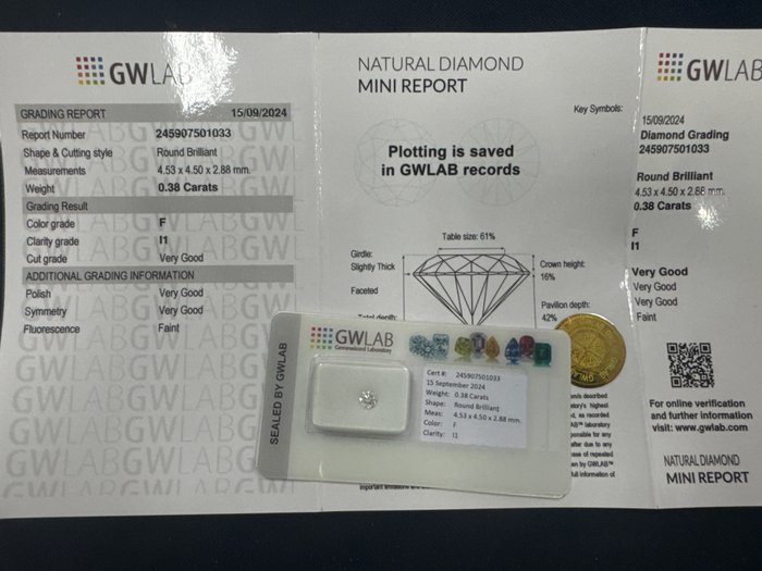 Ingen mindstepris - 1 pcs Diamant  (Natur)  - 0.38 ct - Rund - F - I1 - Gemewizard Gemological Laboratory (GWLab)