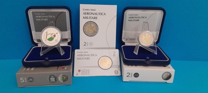 Italien. 2 Euro / 5 Euro 2023 "Aeronautica Militare" (3 monete) Proof + BU