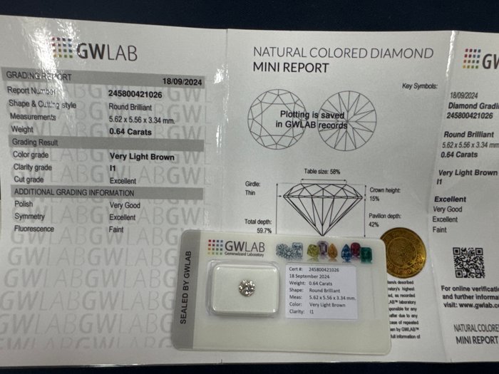 Ingen mindstepris - 1 pcs Diamant  (Naturfarvet)  - 0.64 ct - Rund - Very light Brun - I1 - Gemewizard Gemological Laboratory (GWLab)