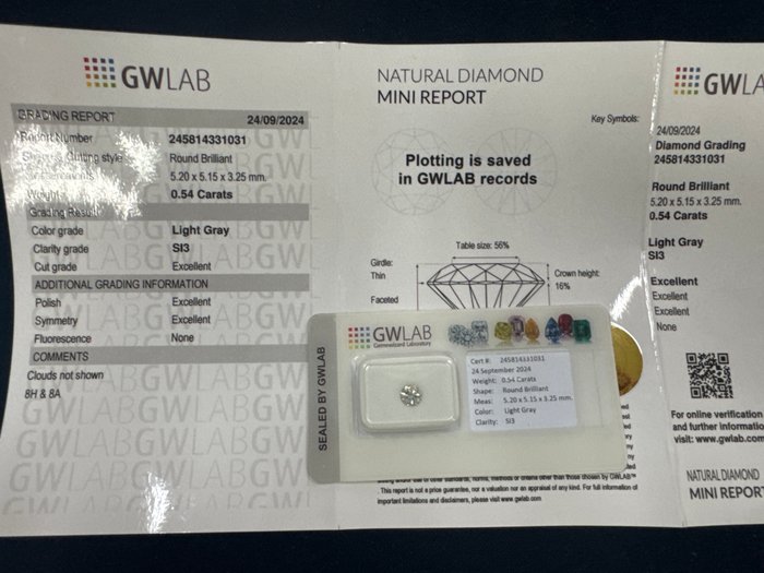 Ingen mindstepris - 1 pcs Diamant  (Naturfarvet)  - 0.54 ct - Rund - Light Grå - SI3 - Gemewizard Gemological Laboratory (GWLab)