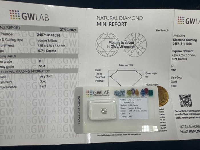 Ingen mindstepris - 1 pcs Diamant  (Natur)  - 0.71 ct - Kvadrat - H - VS1 - Gemewizard Gemological Laboratory (GWLab)