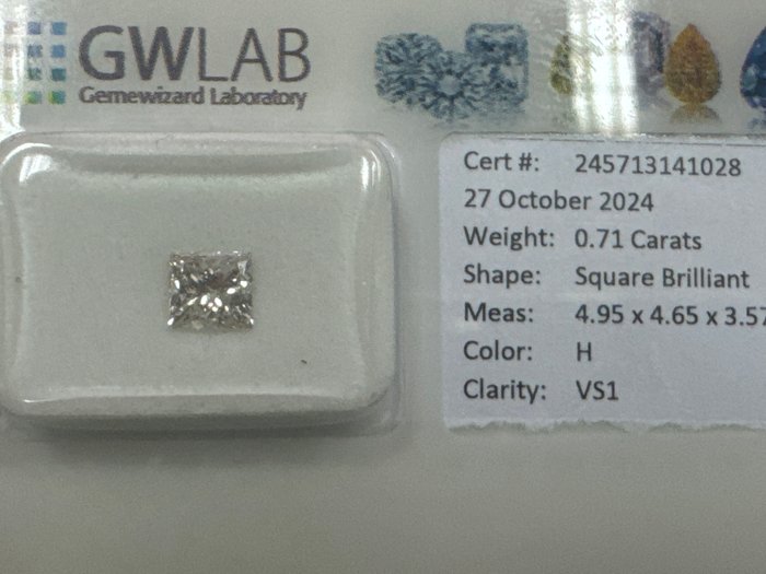 Ingen mindstepris - 1 pcs Diamant  (Natur)  - 0.71 ct - Kvadrat - H - VS1 - Gemewizard Gemological Laboratory (GWLab)