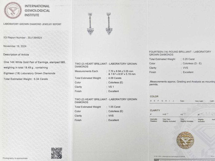 Dråbe øreringe - 14 karat Hvidguld -  5.34ct. tw. Diamant (Laboratoriedyrket) - Diamant