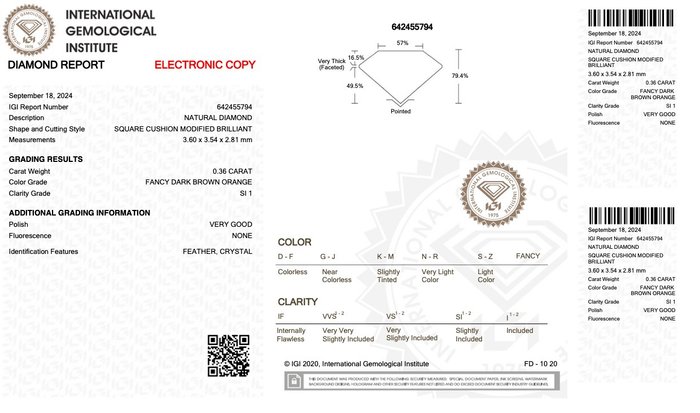 Ingen mindstepris - 1 pcs Diamant  (Naturfarvet)  - 0.36 ct - Pude - Fancy dark Brun Orange - SI1 - International Gemological Institute (IGI)