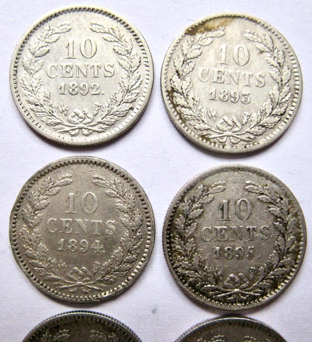 Holland Wilhelmina 10 Cent 1892-1897 (6 verschillende jaartallen) Hangend Haar serie compleet incl 1894 en 1895  (Ingen mindstepris)