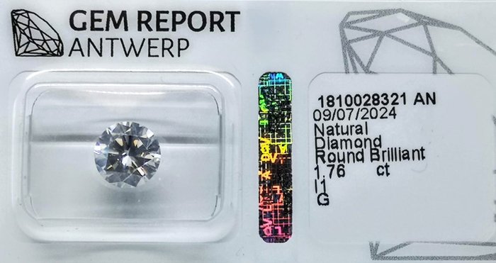 1 pcs Diamant  (Natur)  - 1.76 ct - Rund - G - I1 - Gem Report Antwerp (GRA)