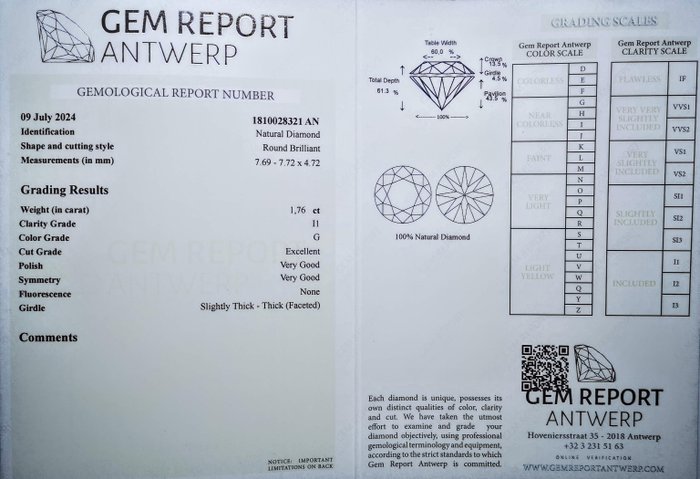 1 pcs Diamant  (Natur)  - 1.76 ct - Rund - G - I1 - Gem Report Antwerp (GRA)