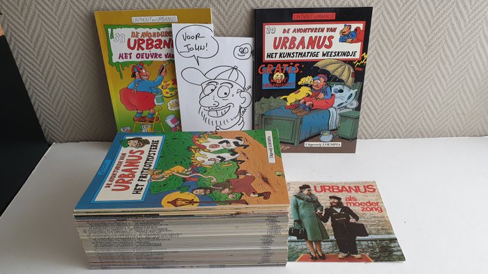 Urbanus 2 x 1 t/m 15 + 17 t/m 24 ( 20 inclusief singel ) 28, 29 + 31 t/m 33 + 37, 44, 46, 47, 59, 63. - Urbanus strips + reclame singel + originele tekening + Singel "Als moeder zong 1979 - 39 Album - Første udgave - 1979/1997