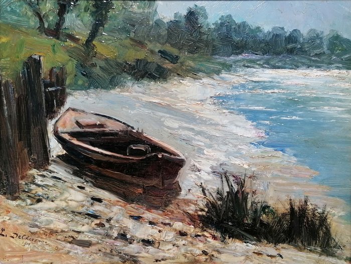 Léon Delderenne (1864-1921) - A moored boat in summer landscape