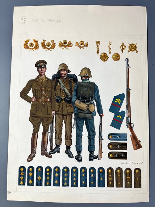 Funcken, Fred  Liliane - 1 Original colour drawing - L'uniforme et les armes - L'armée Danoise/ The Danish army