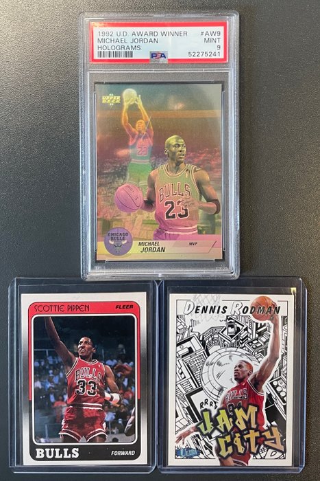 1988 - 1997 - Fleer, Upper Deck, Ultra - Chicago Bulls - Michael Jordan Award Winner Hologram, Scottie Pippen Rookie, Dennis Rodman - 3 card lot PSA 9 - 3 Graded card