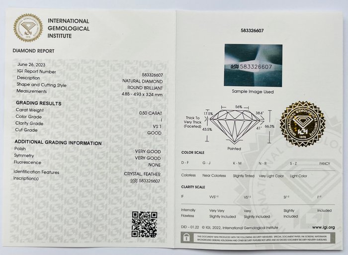 1 pcs Diamant  (Natur)  - 0.50 ct - Rund - I - VS1 - International Gemological Institute (IGI)