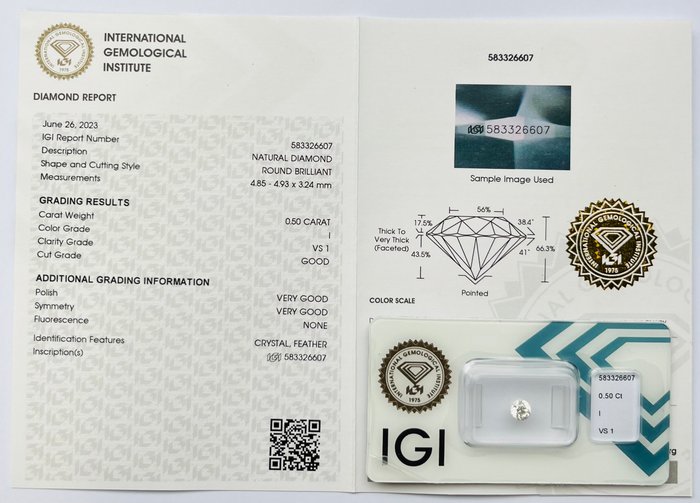 1 pcs Diamant  (Natur)  - 0.50 ct - Rund - I - VS1 - International Gemological Institute (IGI)