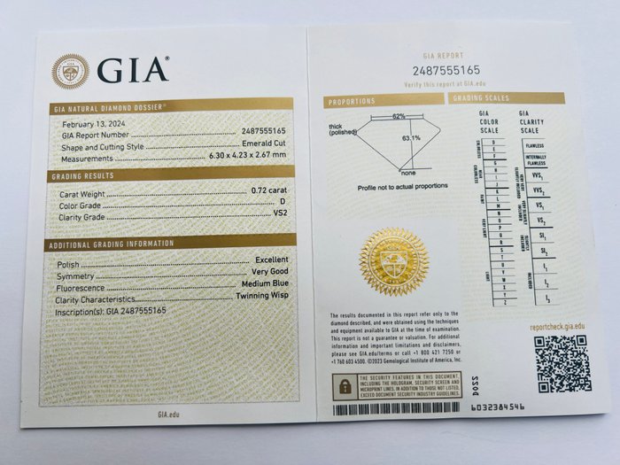 1 pcs Diamant  (Natur)  - 0.72 ct - Smaragd - D (farveløs) - VS2 - Gemological Institute of America (GIA) - *EX VG*