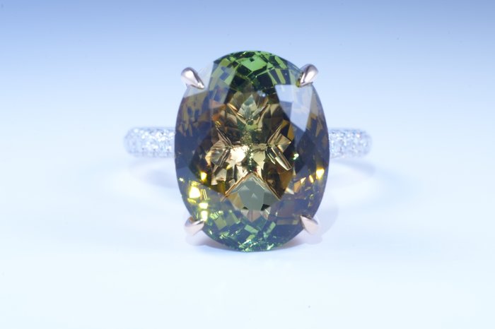 Ring - 18 kraat Gulguld, Hvidguld -  11.72ct. tw. Turmalin - Diamant