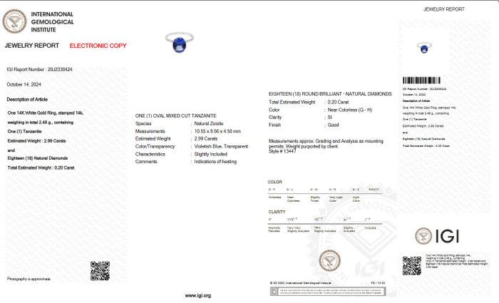 Ingen mindstepris - Ring - 14 karat Hvidguld -  3.19ct. tw. Tanzanit - Diamant - IGI