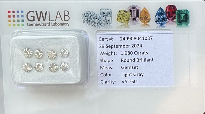 Ingen mindstepris - 8 pcs Diamant  (Natur)  - 1.08 ct - Rund - SI1, VS2 - Gemewizard Gemological Laboratory (GWLab) - lysegrå