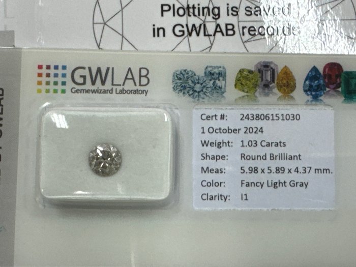 Ingen mindstepris - 1 pcs Diamant  (Naturfarvet)  - 1.03 ct - Rund - Fancy light Grå - I1 - Gemewizard Gemological Laboratory (GWLab)