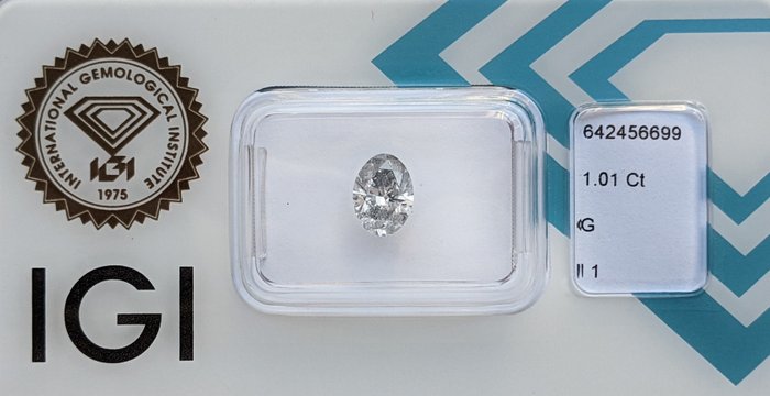 Ingen mindstepris - 1 pcs Diamant  (Natur)  - 1.01 ct - Oval - G - I1 - International Gemological Institute (IGI)