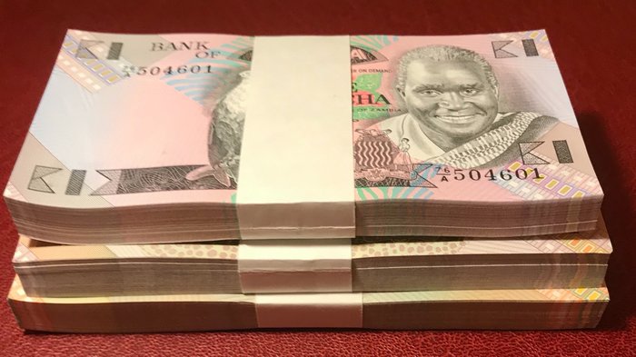 Zambia. - 100 x 1, 100 x 2, 100 x 5 Kwacha ND 1980-1988 - original bundles - Pick 23b, 24c, 25d  (Ingen mindstepris)