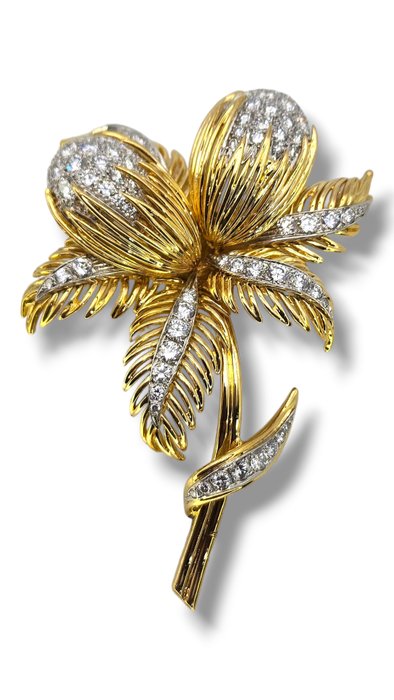 Broche - 18 kraat Gulguld, Vintage 18 karat guld broche 4,4 karat diamanter -  4.40ct. tw. Diamant (Natur)