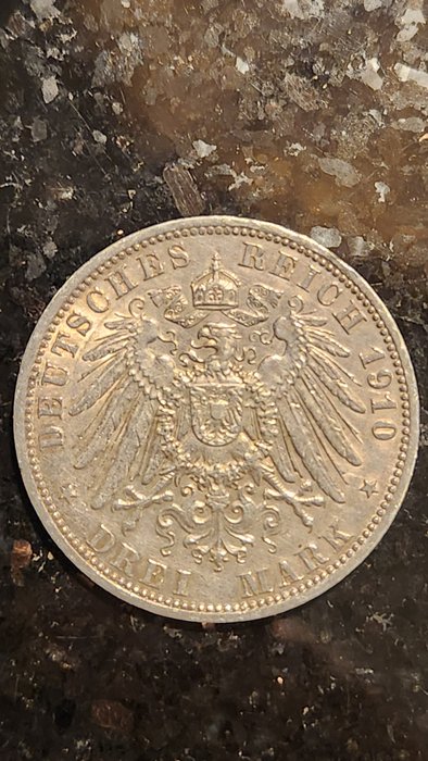 Tyskland, Preussen. Wilhelm II. (1891-1918). 3 Deutsche Silver Mark 1910-A  (Ingen mindstepris)