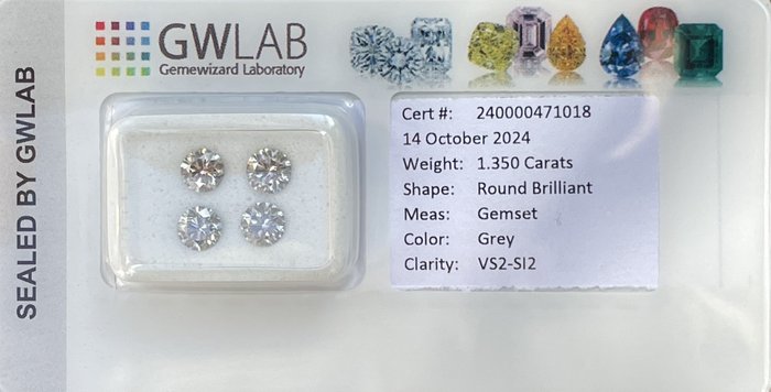 Ingen mindstepris - 4 pcs Diamant  (Natur)  - 1.35 ct - Rund - SI2, VS2 - Gemewizard Gemological Laboratory (GWLab) - Grå