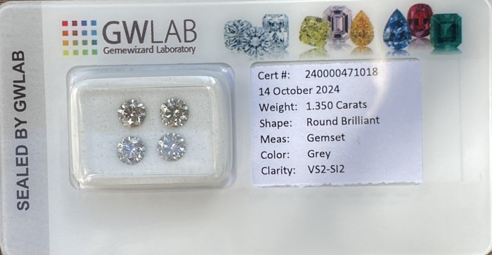 Ingen mindstepris - 4 pcs Diamant  (Natur)  - 1.35 ct - Rund - SI2, VS2 - Gemewizard Gemological Laboratory (GWLab) - Grå