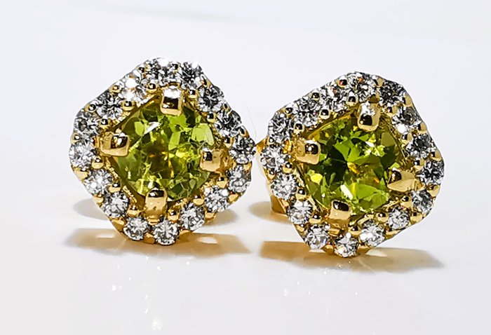 Ingen mindstepris - Øreringe - 14 karat Gulguld, Peridot øreringe -  0.56ct. tw. Kunzit - Diamant