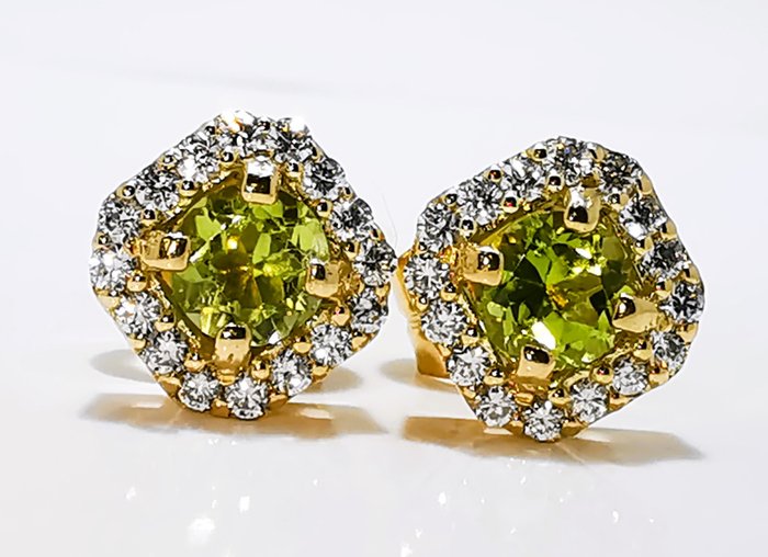 Ingen mindstepris - Øreringe - 14 karat Gulguld, Peridot øreringe -  0.56ct. tw. Kunzit - Diamant