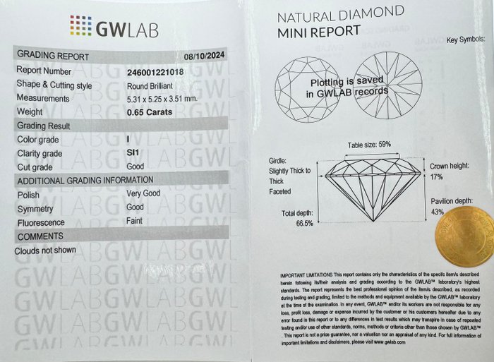 Ingen mindstepris - 1 pcs Diamant  (Natur)  - 0.65 ct - Rund - I - SI1 - Gemewizard Gemological Laboratory (GWLab)