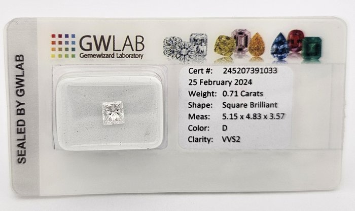 1 pcs Diamant  (Natur)  - 0.71 ct - Kvadrat - D (farveløs) - VVS2 - Gemewizard Gemological Laboratory (GWLab) - Princess Cut