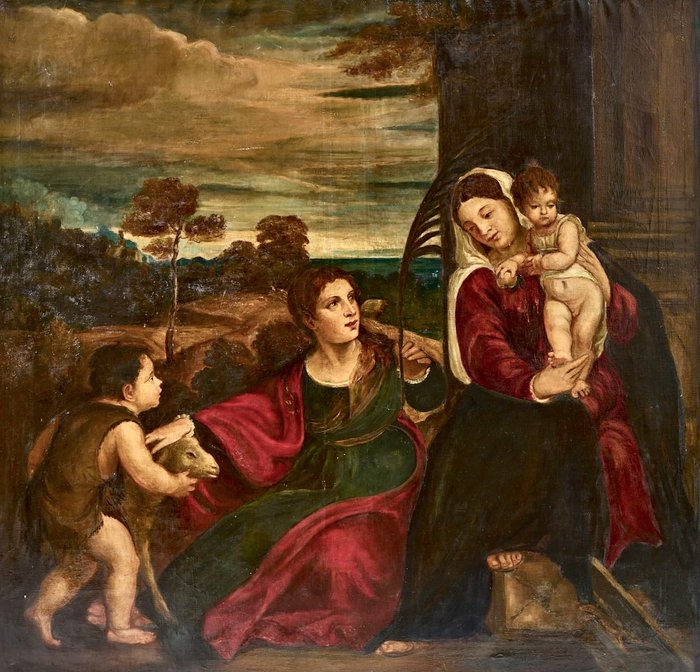 European school (XIX), After Titian - La virgen con el niño con Santa Isabel y San Juanito