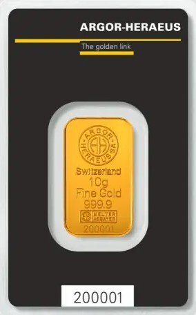 10 gram - Guld 999 - Argor Heraeus 10 Gramm Goldbarren Kinebar in Blister - Forseglet  Med certifikat