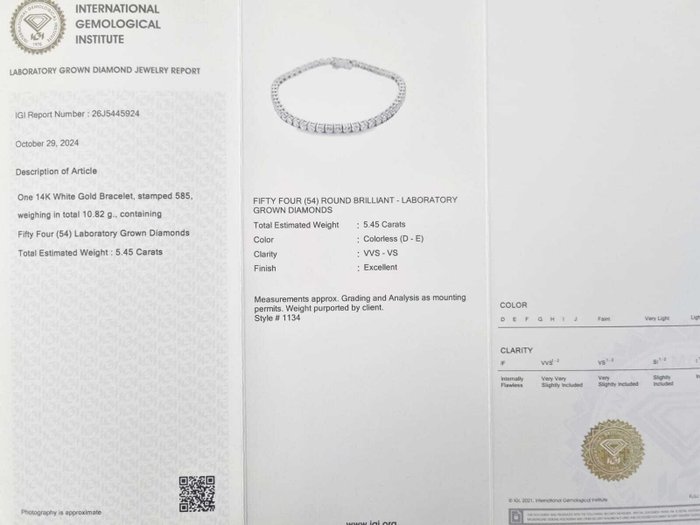 Tennisarmbånd - 14 karat Hvidguld -  5.45ct. tw. Diamant (Laboratoriedyrket)