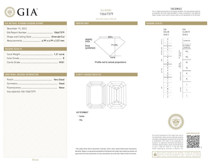 1 pcs Diamant  (Natur)  - 1.21 ct - Smaragd - E - VVS1 - Gemological Institute of America (GIA) - n129